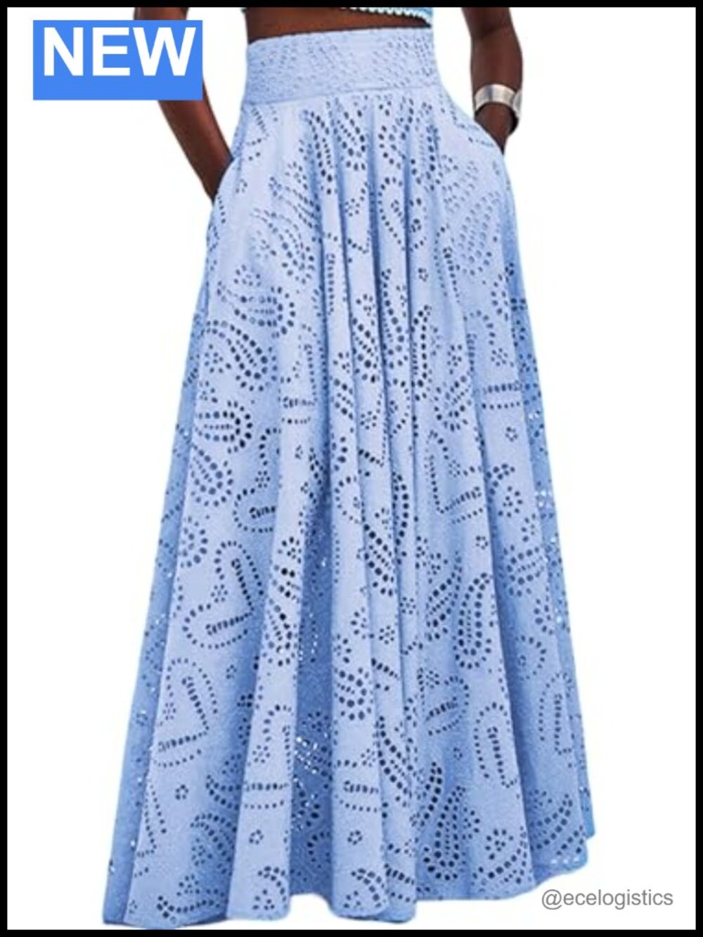 Flowy A-Line Maxi Skirt with Eyelet Embroidery for Women